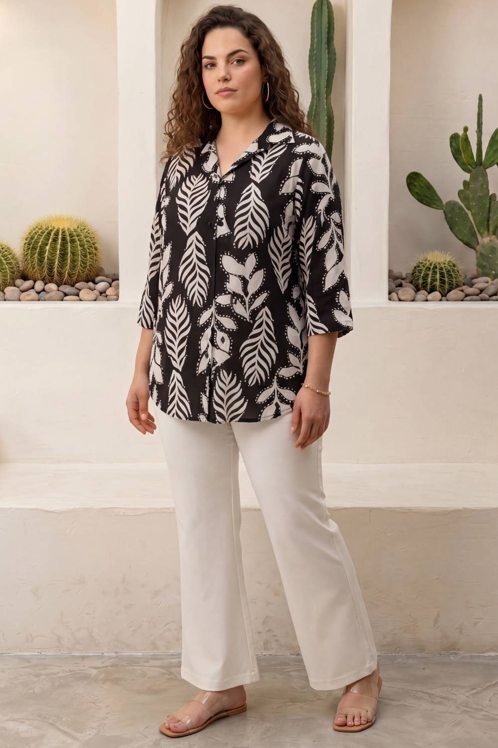 Plus Size Black White Leaf Print Cuban Collar Rayon Shirt for Women
