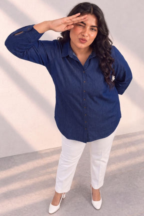 Plus Size Indigo Blue Denim Cotton Shirt
