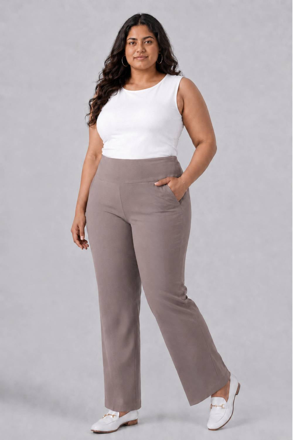 Plus Size Taupe Tummy Shaping Wide Straight Pants