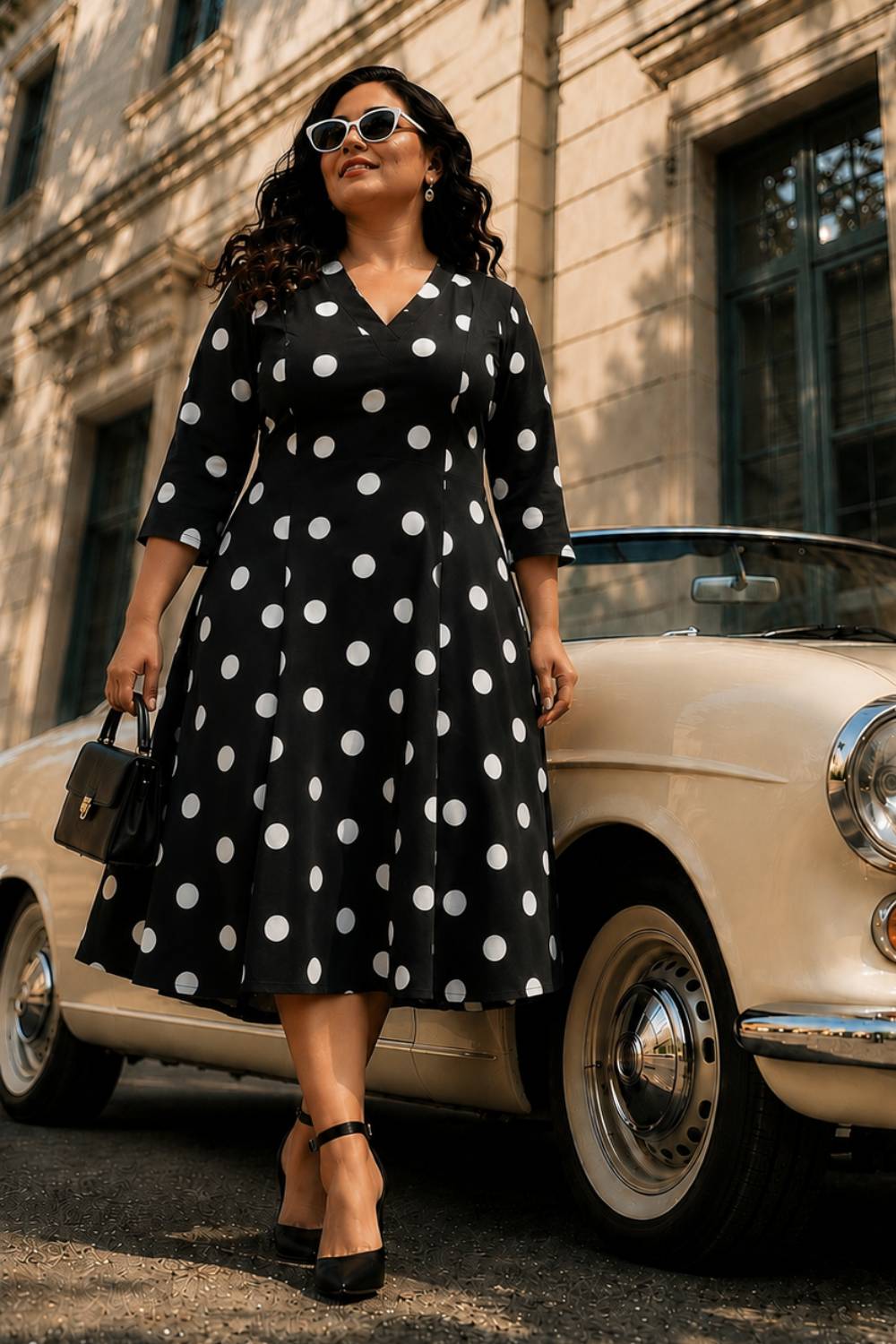 Plus Size Plus Size Black Polka Print Rayon Midi Dress