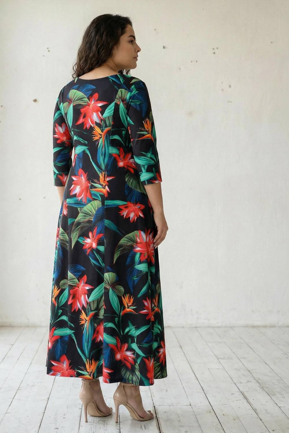 Plus Size Black Tropical Print Maxi Dress for Women