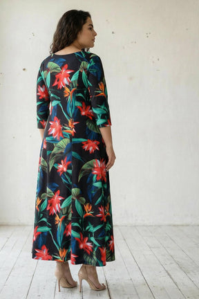 Plus Size Black Tropical Print Maxi Dress