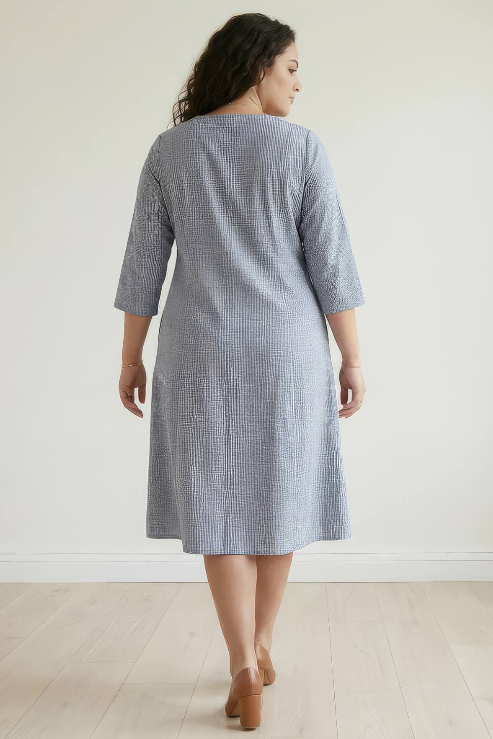 Plus Size Blue Chambray Pinstripe Midi Dress