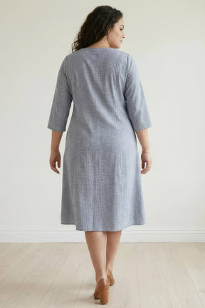 Plus Size Blue Chambray Pinstripe Midi Dress