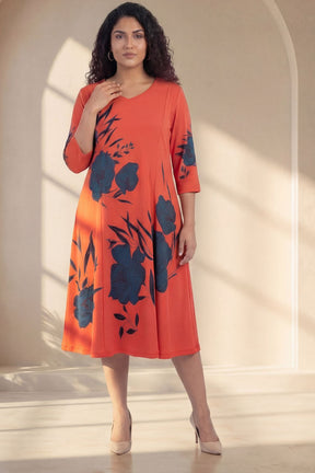 Plus Size Red Teal Floral Print A-Line Dress