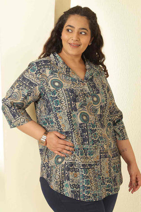 Plus Size Blue Ethnic Print Cuban Collar Rayon Muslin Shirt