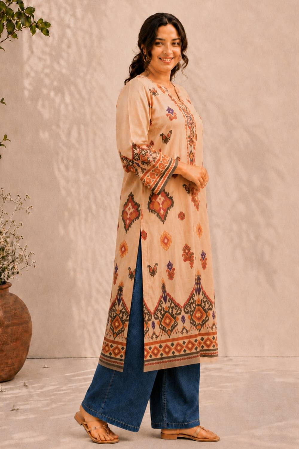 Plus Size Plus Size Beige Ethnic Border Print cotton Kurta