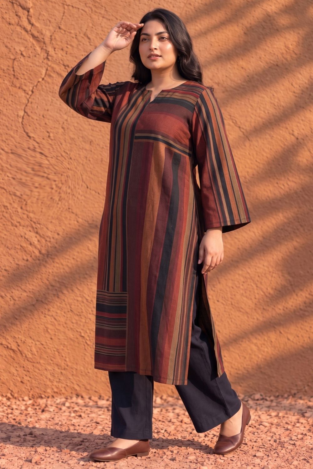 Plus Size Plus Size Maroon Multistripe SnugWeave™  Kurta