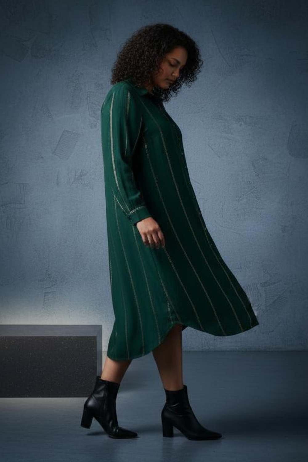 Comfortable Plus Size Emerald Green Golden Pin Striped Shirt Dress