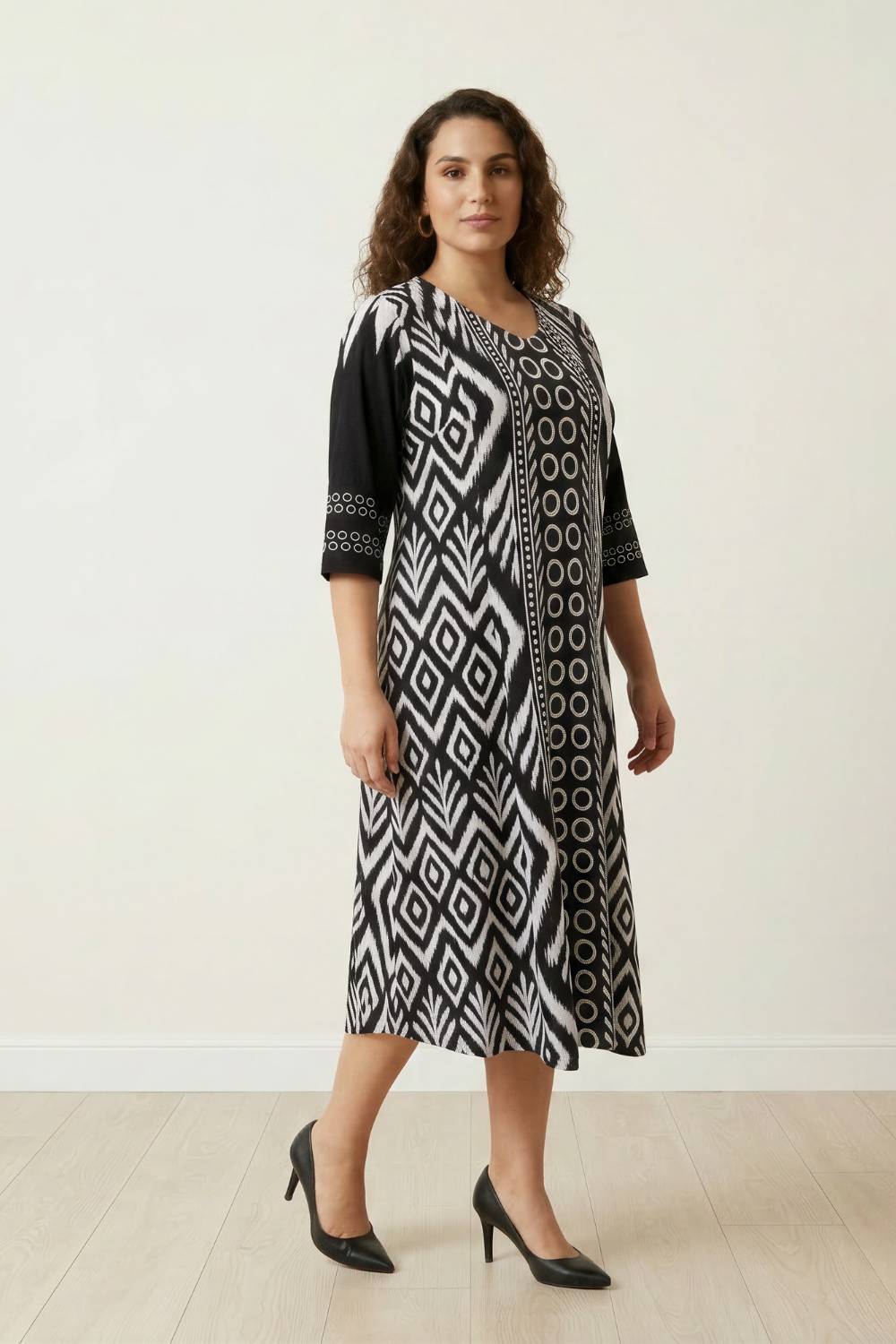 Plus Size Black & White Tribal Print A-Line Dress for Women