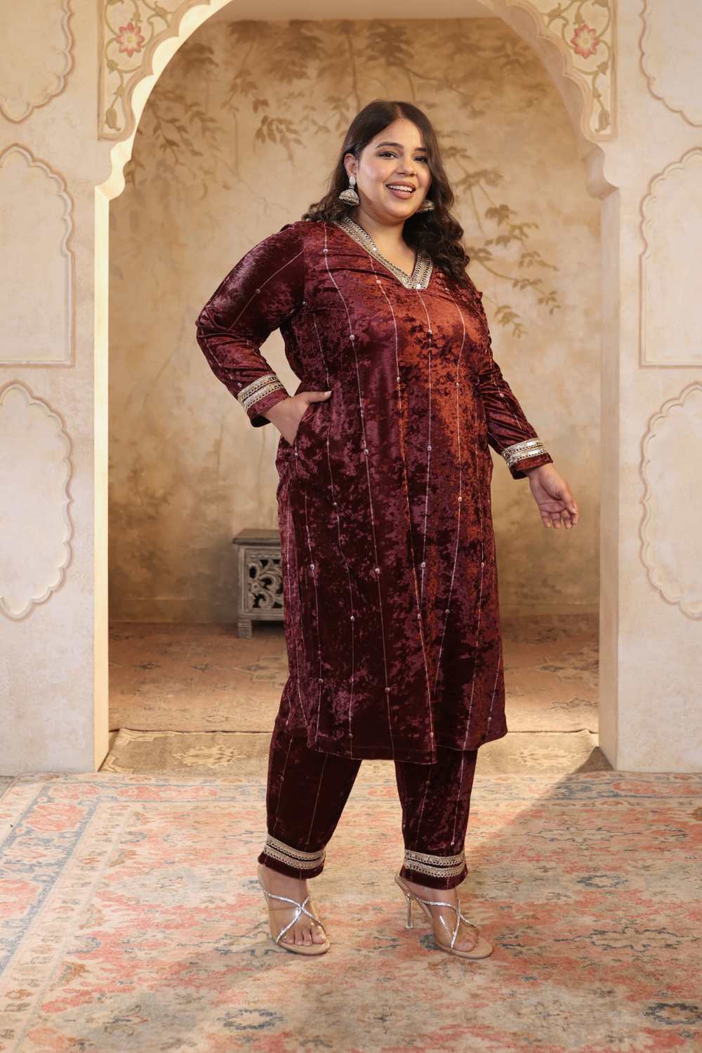 Plus Size Plus Size Purple Print Velvet V Neck Suit Set