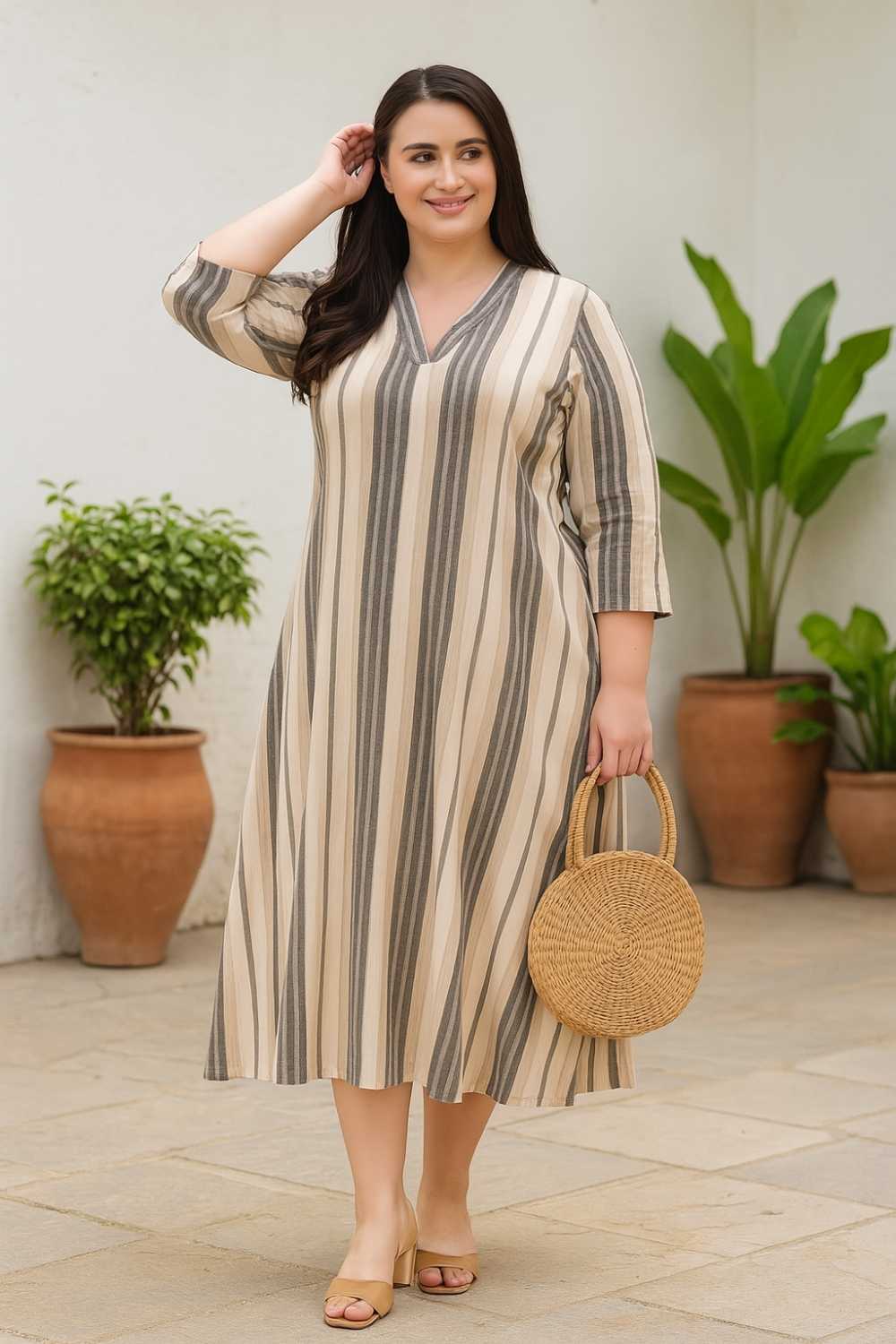 Plus Size Olive Stripe Cotton Midi Dress