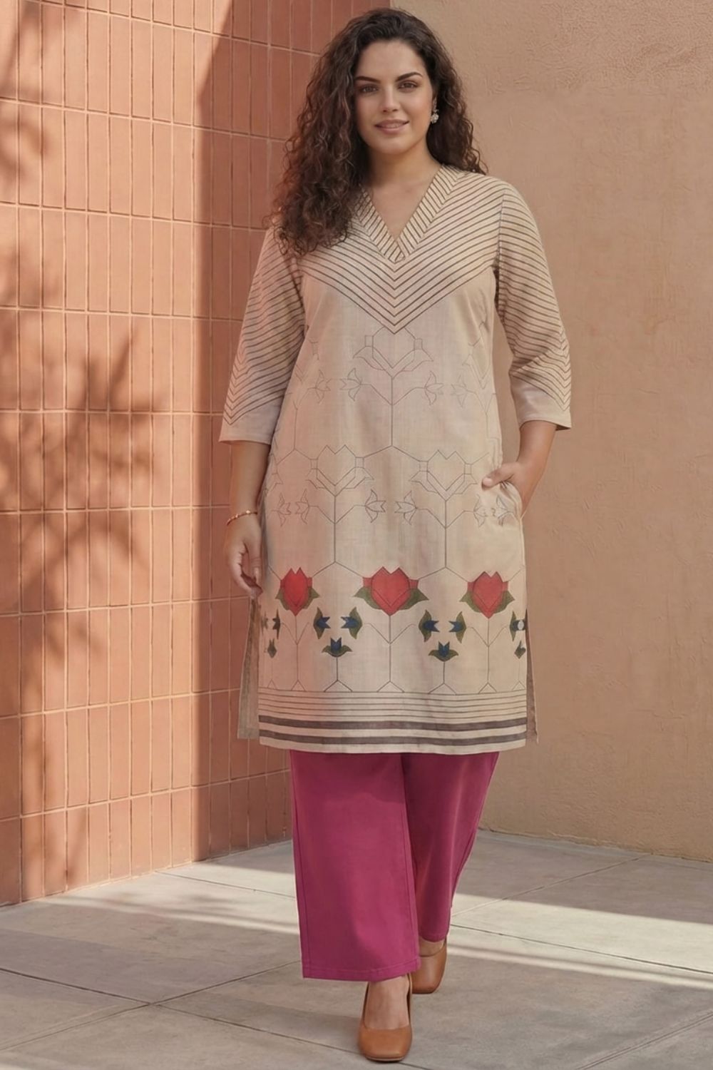 Plus Size Beige Geometric & Floral Print Cotton V Neck Kurta for Women