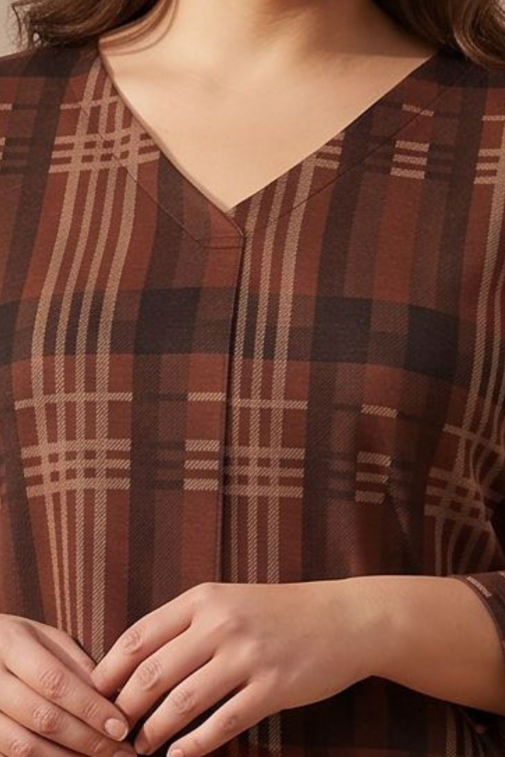 Plus Size Brown Checkered Print SnugWeave Winter Top