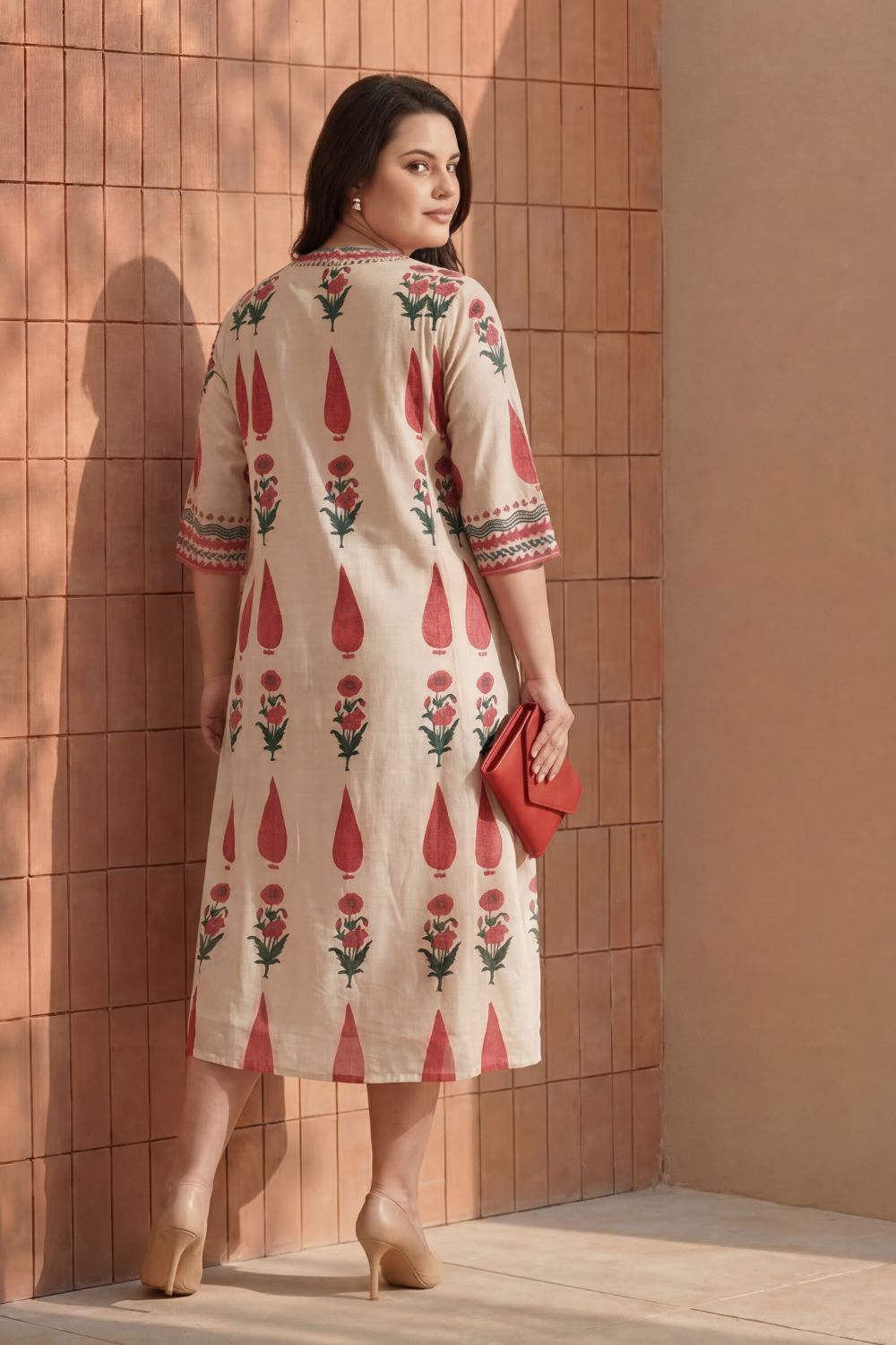 Plus Size Beige Floral Buta Print Cotton Midi Dress for Women