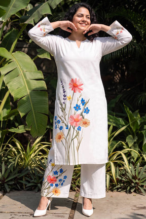 Plus Size White Floral Print Cotton Coord Set