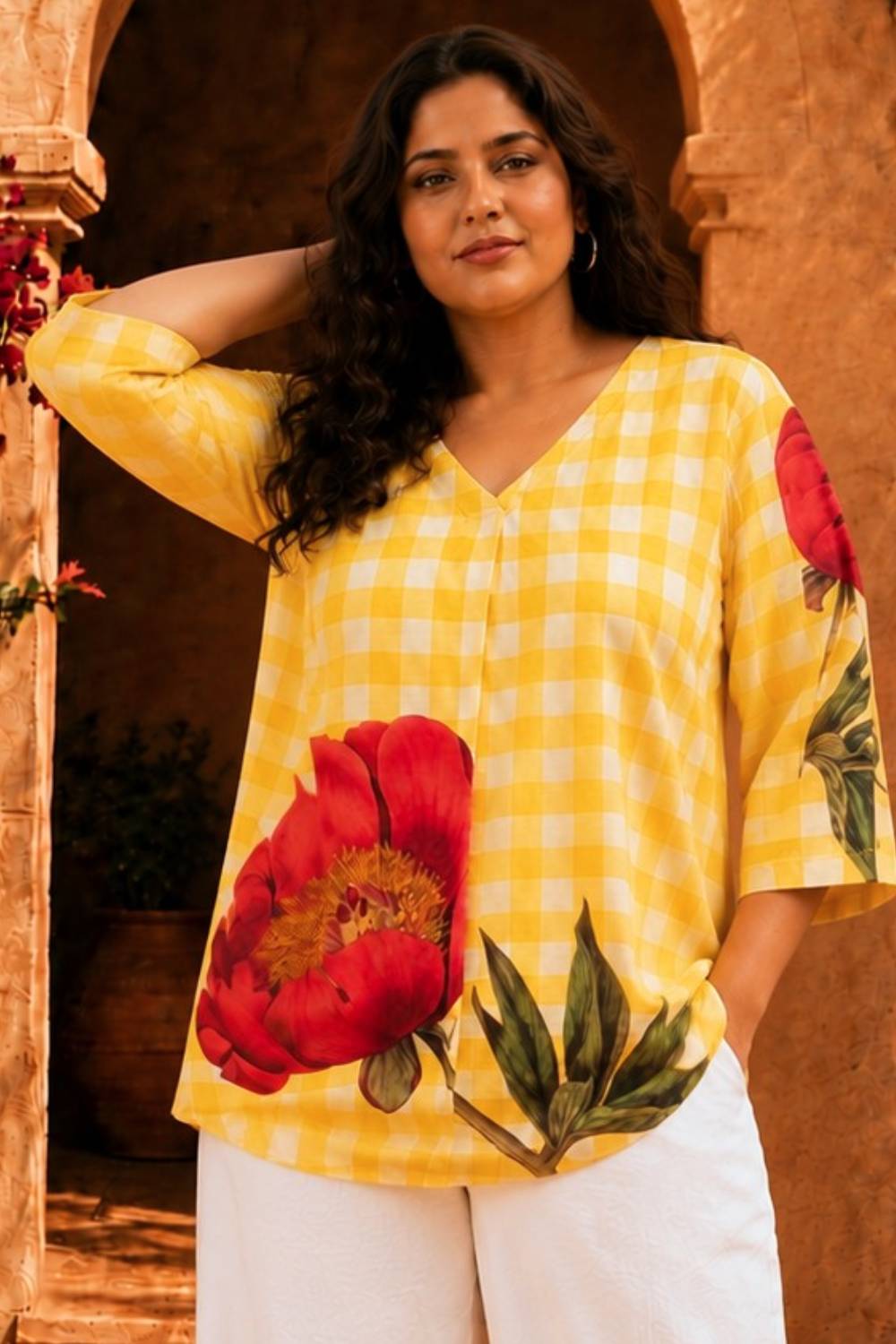 Plus Size Plus Size Yellow Gingham Floral Print Top