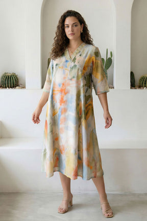 Plus Size Pastel Abstract Print Cotton Midi Dress