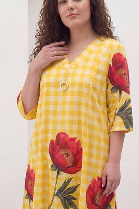 Yellow Gingham Floral Plus Size Midi Dress