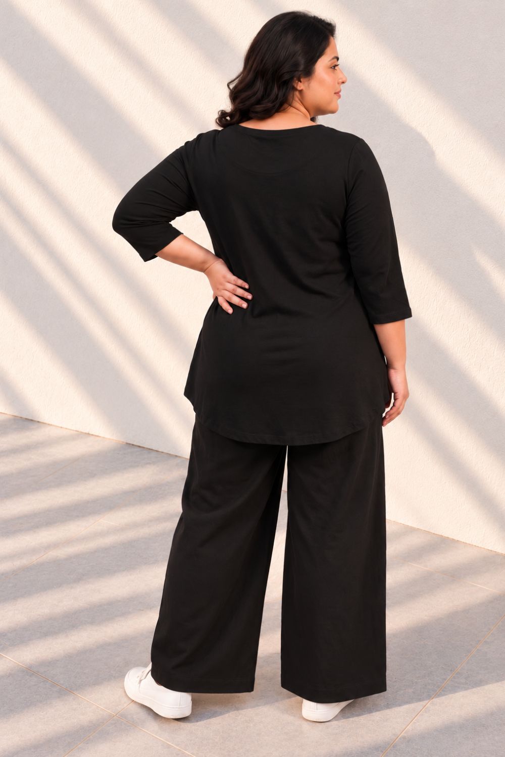 Plus Size SoftEase V Neck Black Cotton Coord Set for Women
