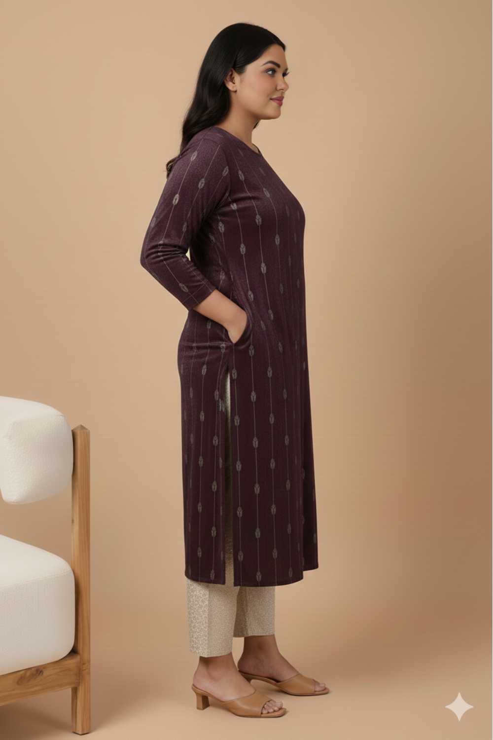 Plus Size Purple V Neck SnugWeave™ Winter Kurta for Women
