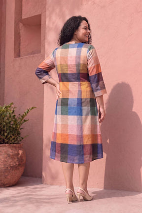 Plus Size Floral Check Printed A-Line Midi Dress