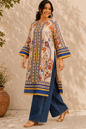 Plus Size Beige Ethnic Floral Print Cotton Kurta