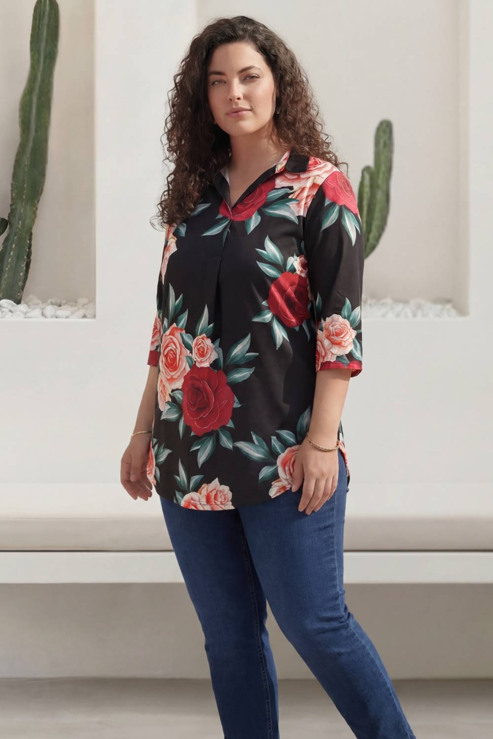 Plus Size Black Floral Centre Pleat Top 1