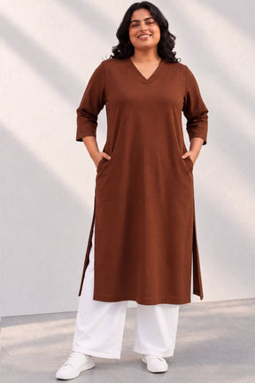 Plus Size SoftEase V Neck Brown Cotton Kurta