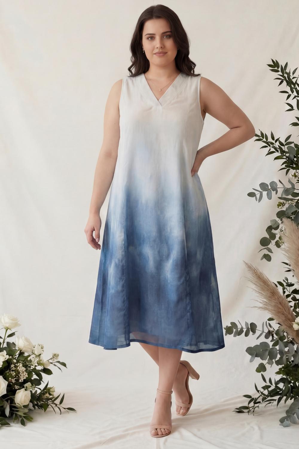 Plus Size Blue Ombre Sleeveless Cotton Midi Dress