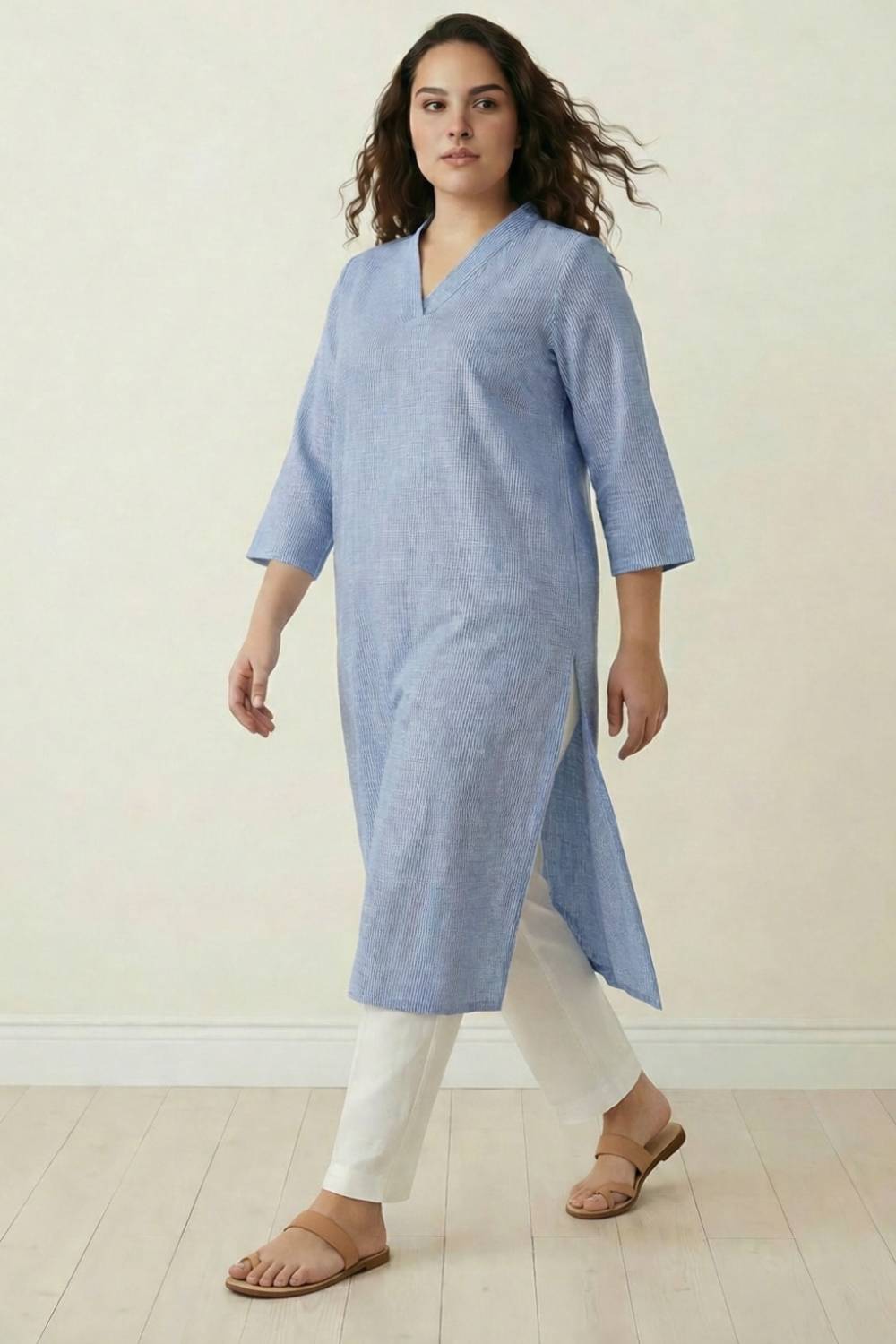 Plus Size Plus Size Blue Chambray Pinstripe V-Neck Kurta