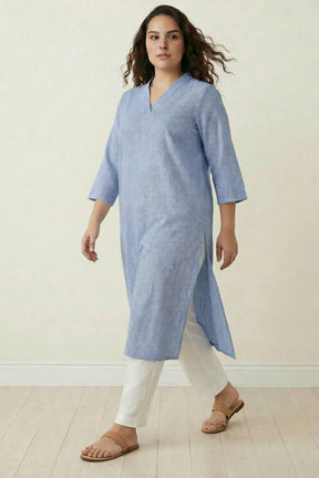 Plus Size Blue Chambray Pinstripe V-Neck Kurta