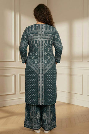 Plus Size Teal Printed V Neck SnugWeave™ Winter Kurta