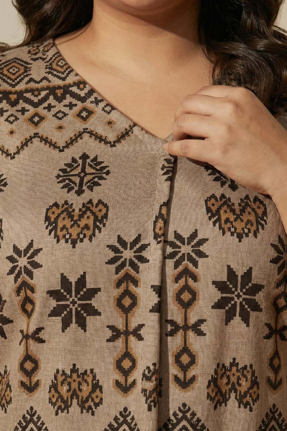 Comfortable Plus Size Beige Printed SnugWeave™ Winter Top Coord Set