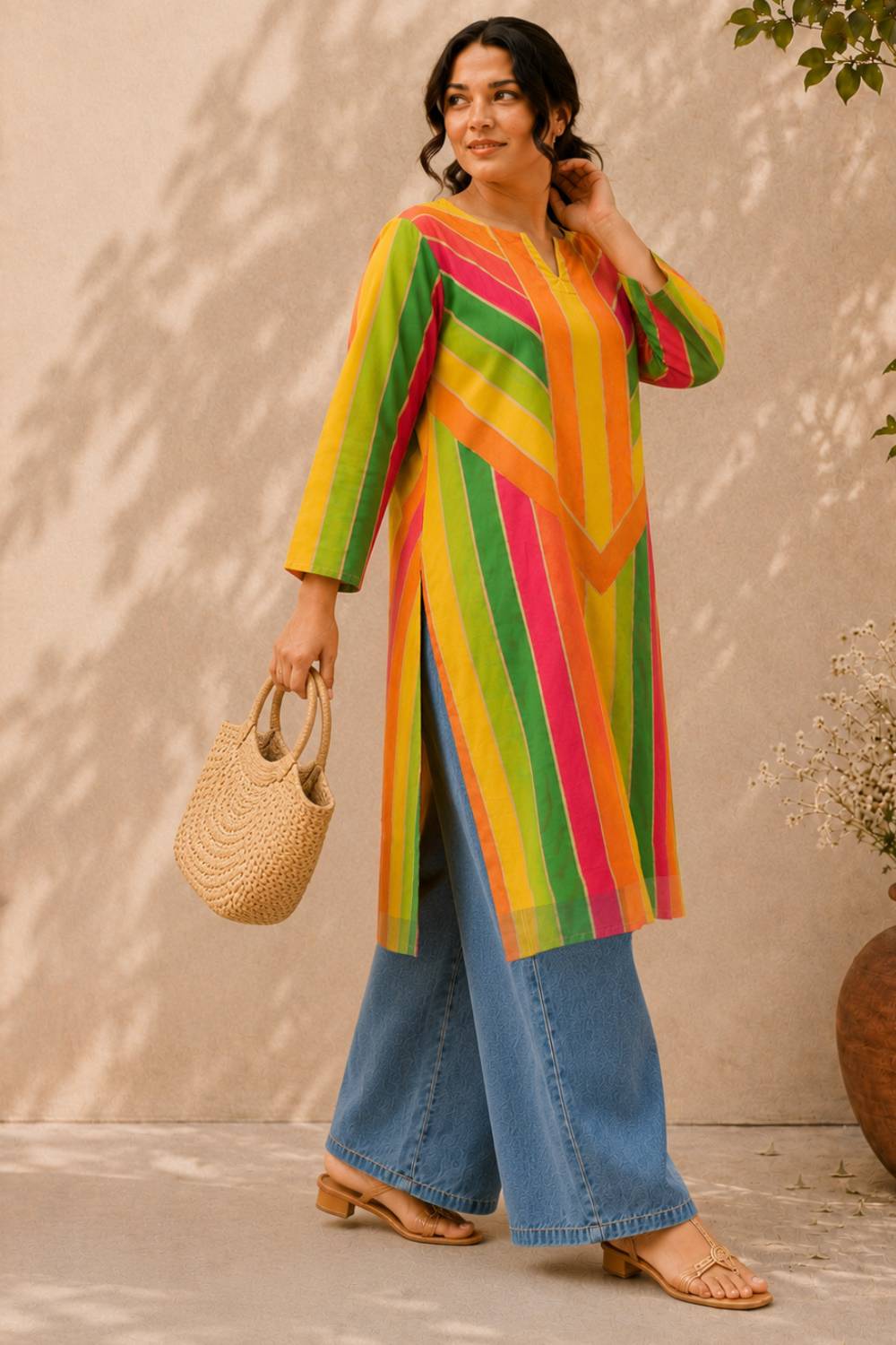Plus Size Multicolor Abstract Print Cotton Kurti for Women