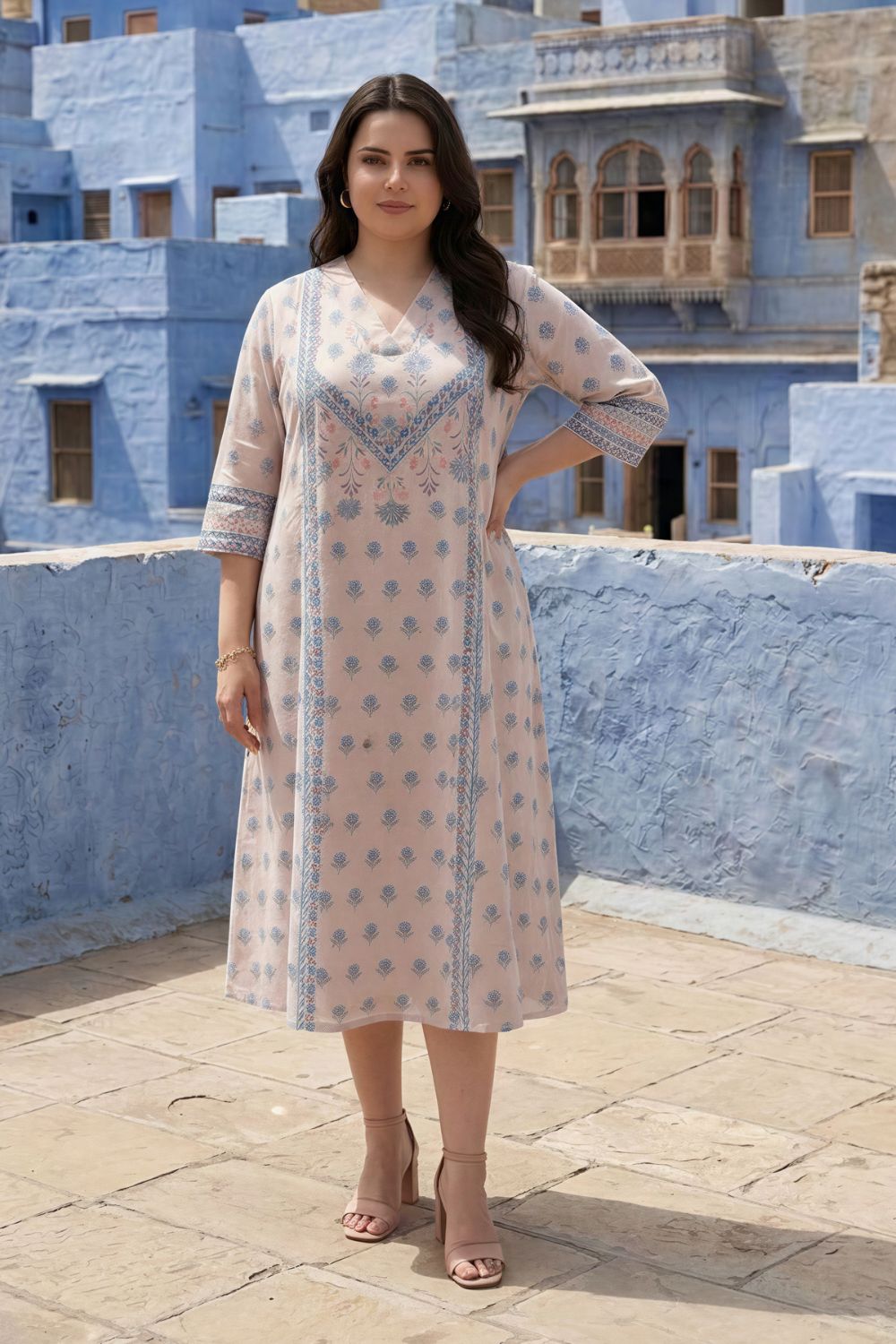 Plus Size Plus Size Beige Blue Floral Buta Print Cotton Midi Dress