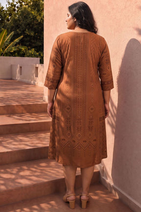 Plus Size Brown Ethnic Print Midi Dress