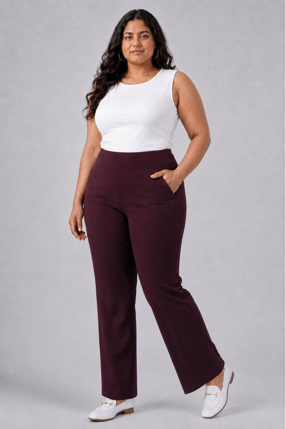 Wine Tummy Shaping Wide Straight Pants for Women