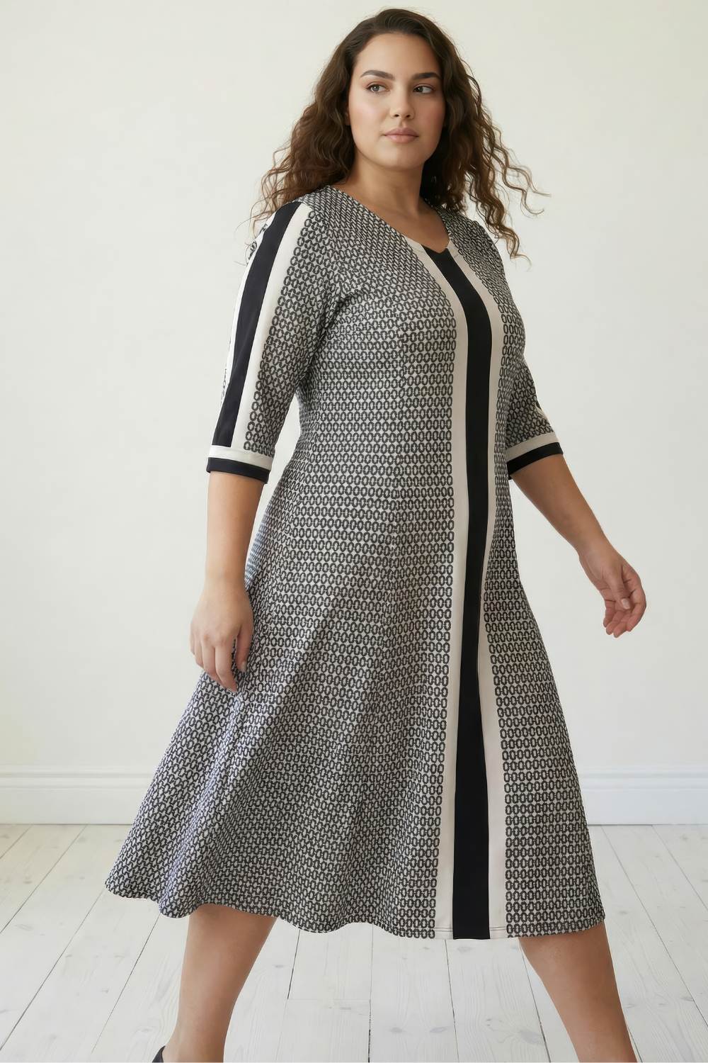 Plus Size Black Geometric Print A line Dress