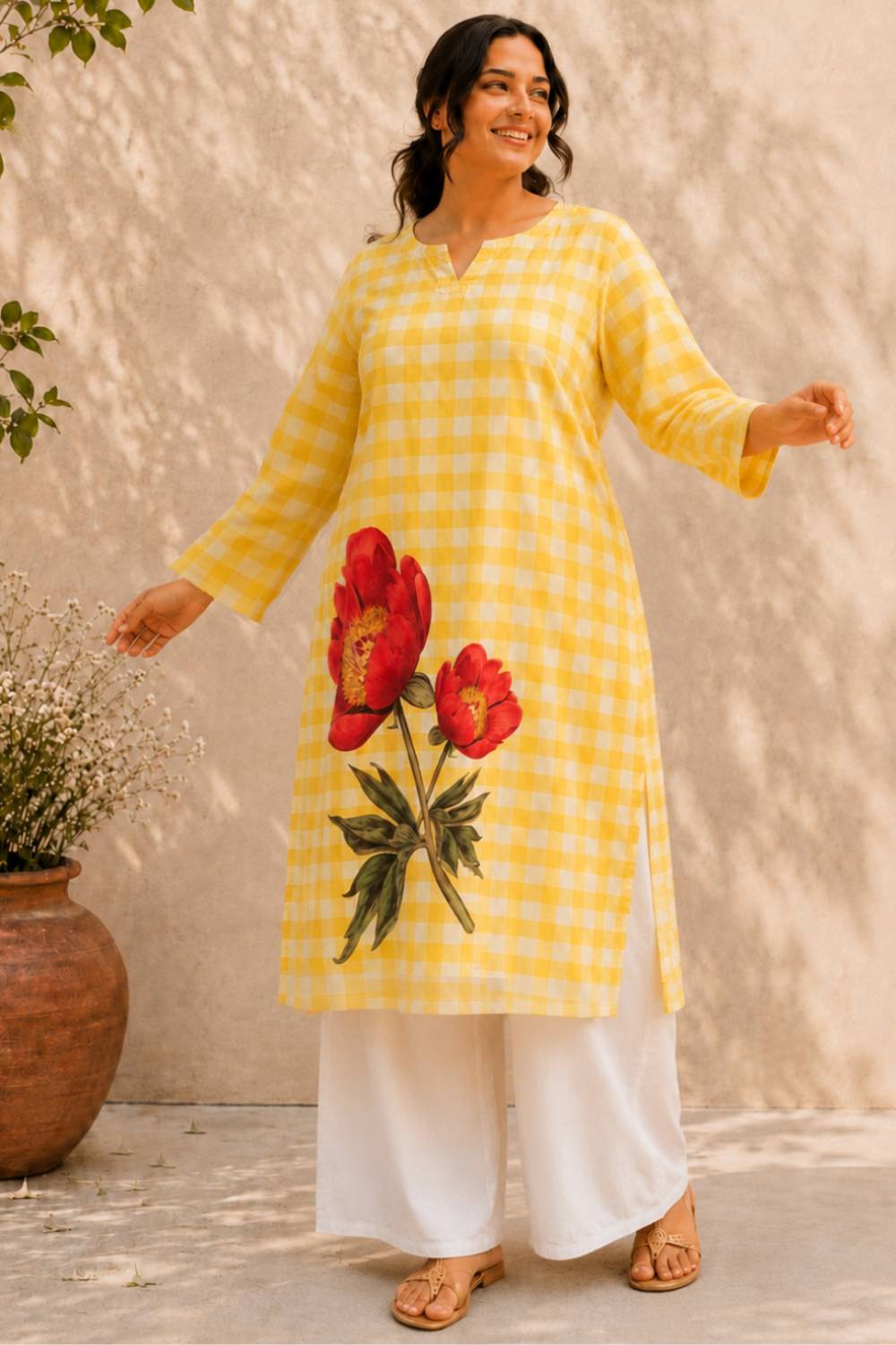 Plus Size Yellow Gingham Floral Print cotton Kurti