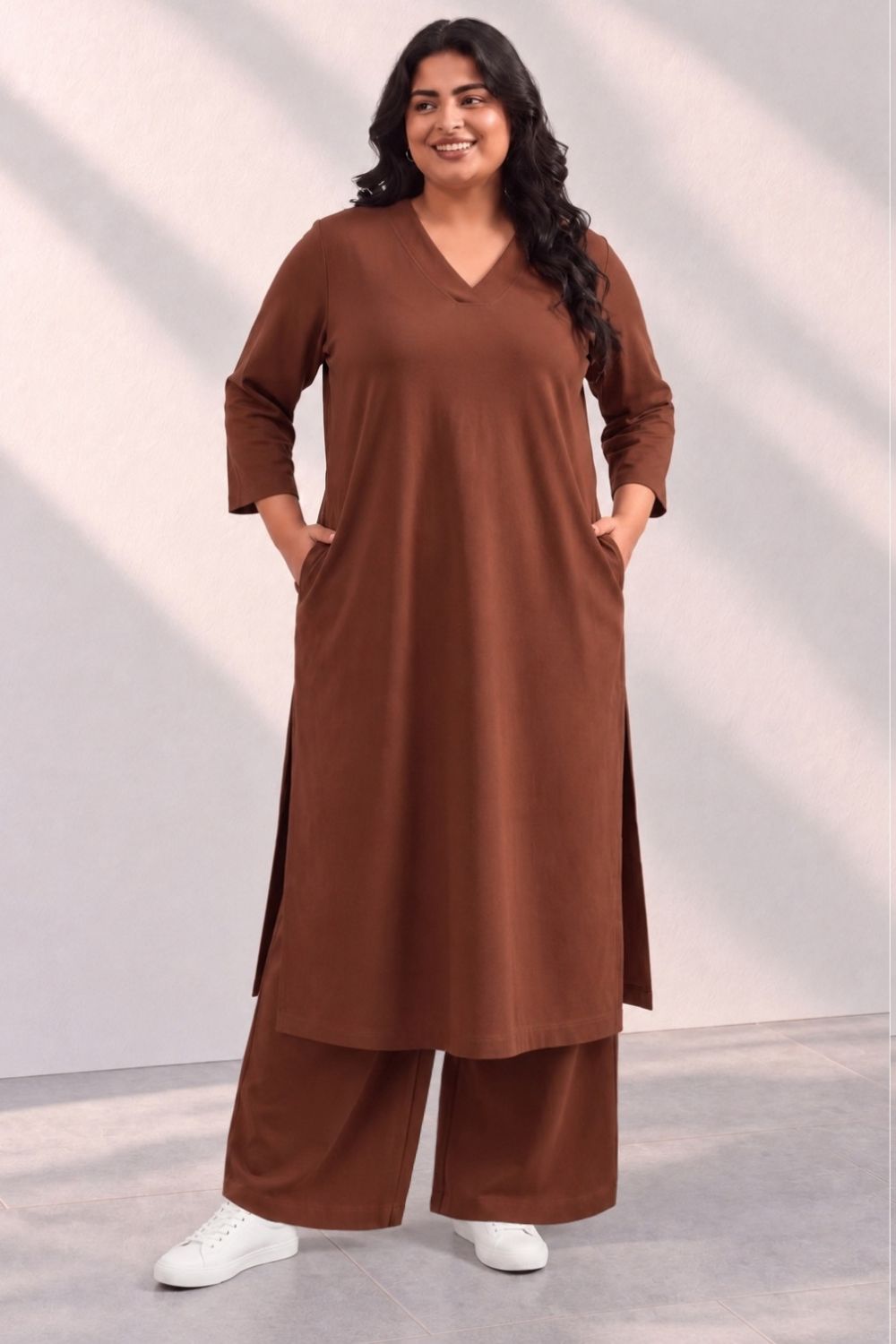 Buy Plus Size SoftEase V Neck Brown Cotton Kurta Coord Set