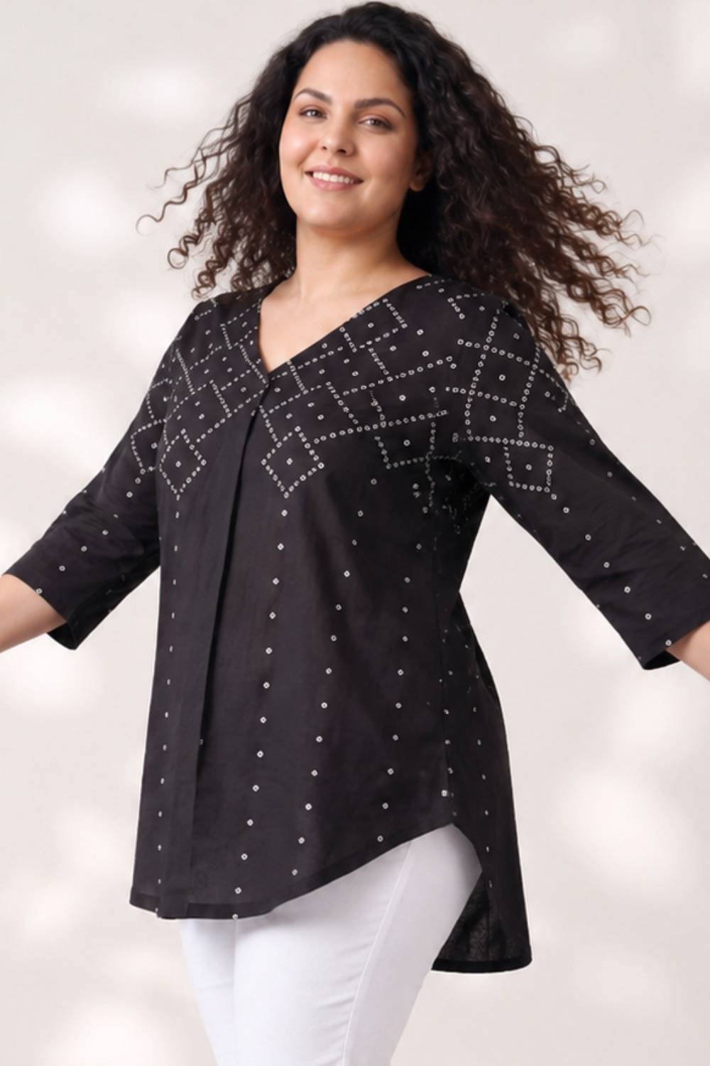 Plus Size Black Bandhej Print Top