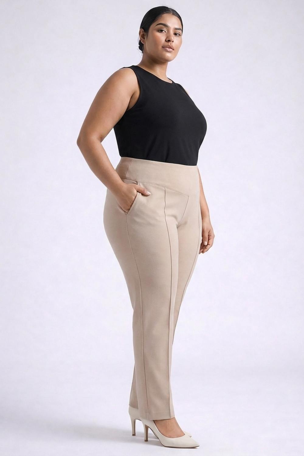 Plus Size Cream Tummy Shaper Straight Fit Pants