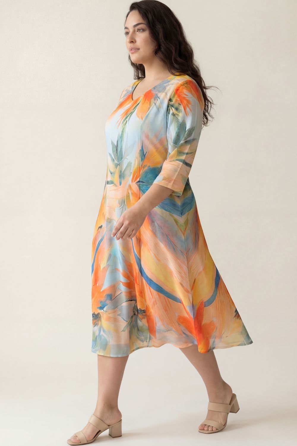Plus Size Artistic Floral Printed A-Line Dress