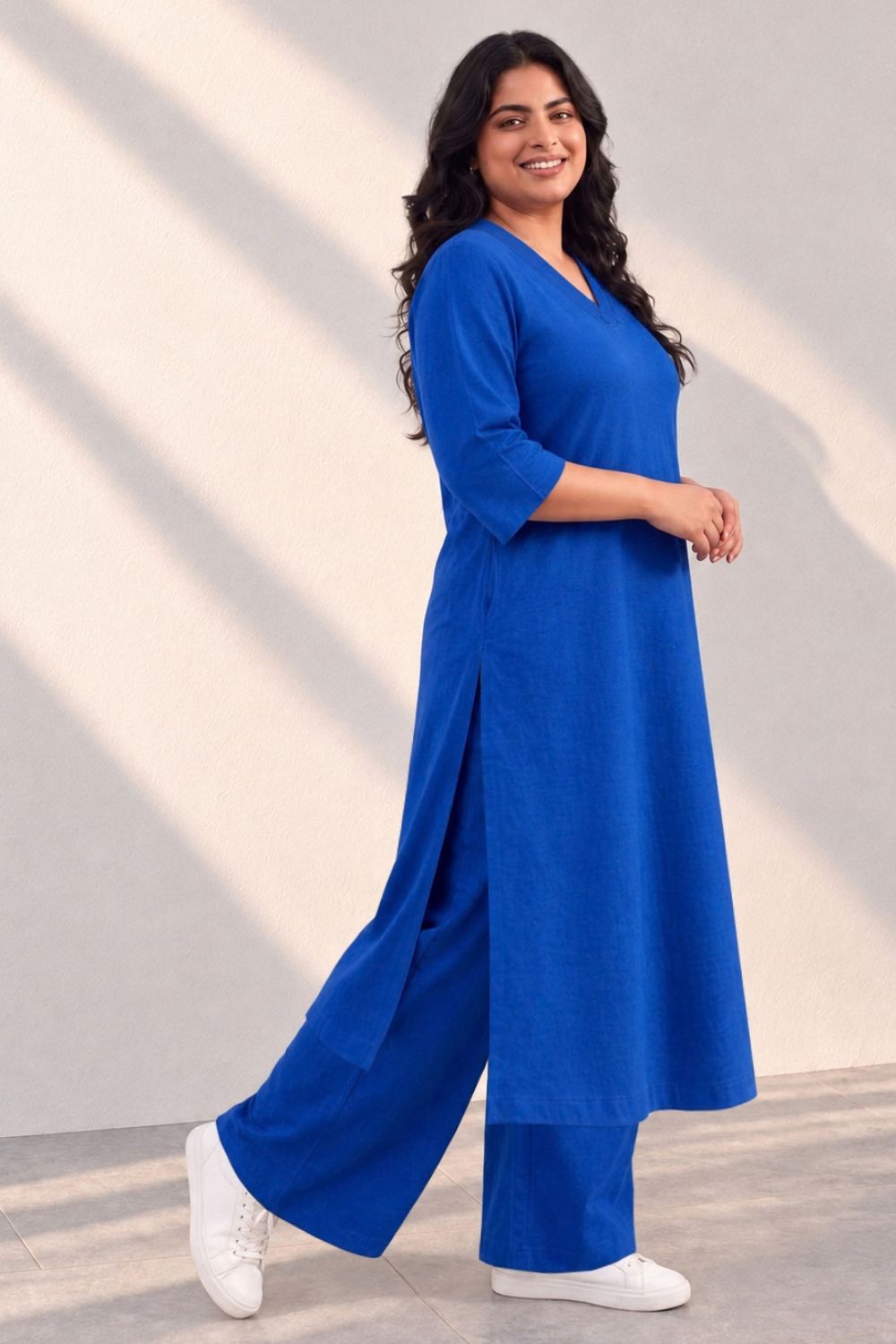 Plus Size Plus Size SoftEase V Neck Blue Cotton Kurta Coord Set