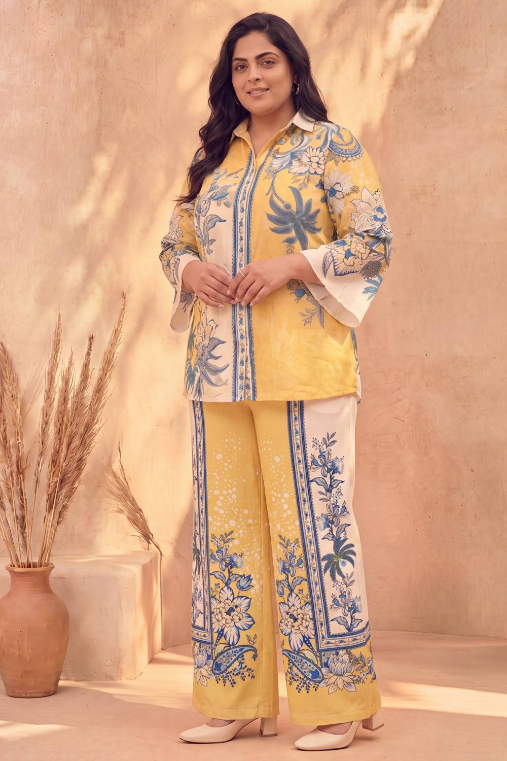 Plus Size Yellow Floral Printed Cotton Coord Set