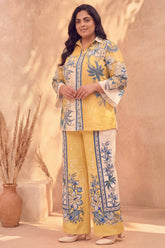 Plus Size Yellow Floral Printed Cotton Coord Set