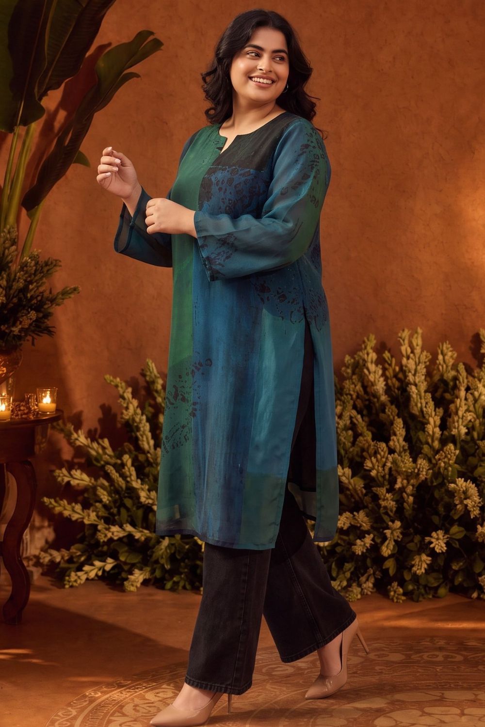 Plus Size Plus Size Teal Artistry Straight Georgette Kurta