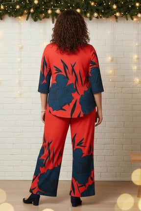 Plus Size Red Teal Print Coord Set