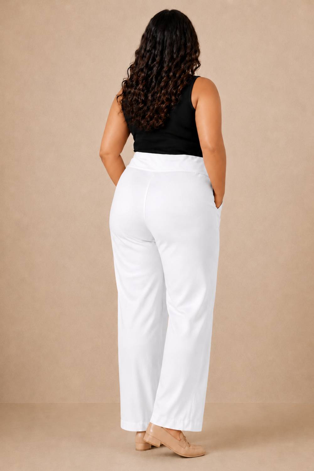 Plus Size White Tummy Shaping Wide Straight Pants